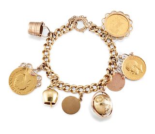 AN 18 CARAT GOLD CHARM BRACELET, the curblink bracelet, wit
