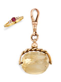 A 14 CARAT GOLD RUBY AND DIAMOND RING AND A CITRINE FOB, th
