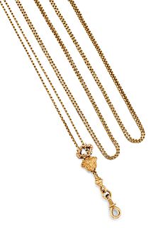 A FRENCH GOLD LONG CHAIN, the fine box link chain with two 