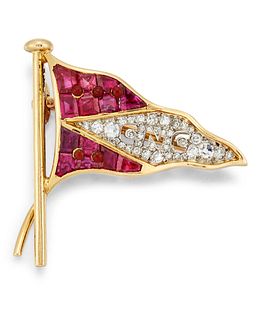 A CARTIER 18 CARAT GOLD RUBY AND DIAMOND BURGEE BROOCH, the