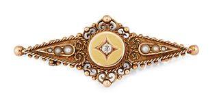 A VICTORIAN 15 CARAT GOLD DIAMOND AND SEED PEARL BROOCH, wi