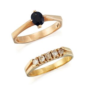 TWO 18 CARAT GOLD GEMSET RINGS, the first a five stone diam