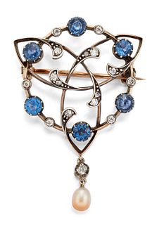 AN EARLY 20TH CENTURY SAPPHIRE, DIAMOND AND PEARL BROOCH, t