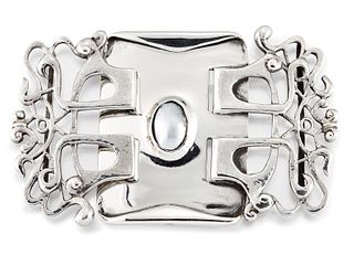 A LIBERTY & CO, CYMRIC SILVER AND BUTTON PEARL BUCKLE, the 
