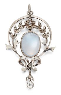 AN EARLY 20TH CENTURY MOONSTONE AND DIAMOND PENDANT, the ce