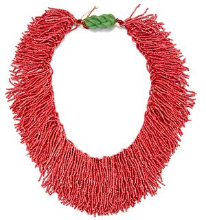 A DYED CORAL BEAD NECKLACE AND FAUX JADE PENDANT, the small