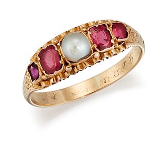 A RUBY AND SPLIT PEARL RING, the central split pearl set to