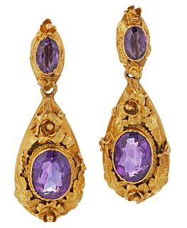 A PAIR OF VICTORIAN 15 CARAT GOLD AMETHYST EARRINGS, the ov