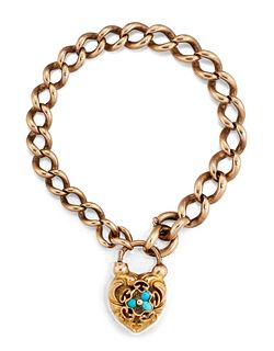 A GOLD BRACELET WITH TURQUOISE HEART CLASP, the graduated c