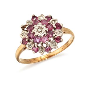 A 9CT RUBY AND DIAMOND CLUSTER RING, all set in white gold 