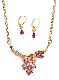 A RUBY AND DIAMOND NECKLACE AND EARRINGS, the necklace with