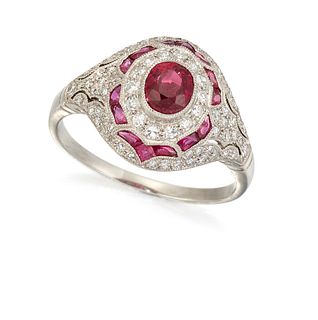 AN ART DECO FRENCH PLATINUM, RUBY AND DIAMOND RING, the cen