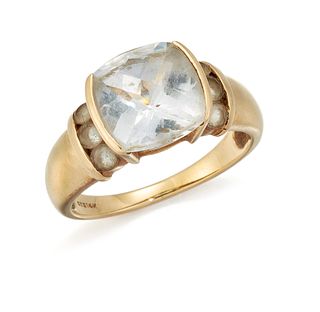 A 14K WHITE HARDSTONE RING, the off-square fancy cut white 