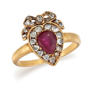 A 19TH CENTURY RUBY AND DIAMOND HEART RING, the pear shaped