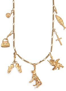 A 9CT CHARM NECKLACE, the figaro chain with lobster claw cl