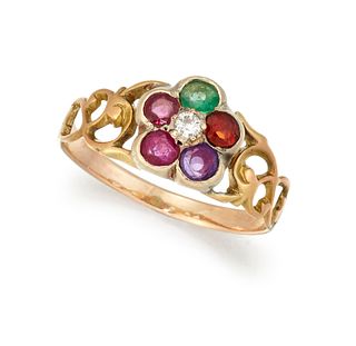 A 19TH CENTURY 'REGARD' CLUSTER RING, comprising a ruby, em