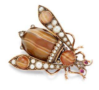 A 19TH CENTURY AGATE, DIAMOND, PEARL AND RUBY MOTH BROOCH, 