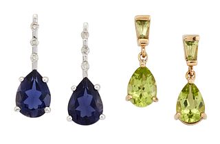 A PAIR OF 9 CARAT GOLD TANZANITE AND DIAMOND EARRINGS AND A