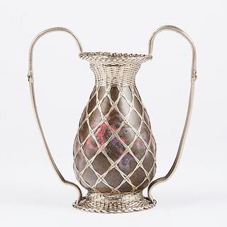 Japanese Early 20th c. Art Pottery Silver Wire Wrapped Vase