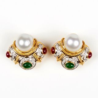 18K Diamond Pearl Emerald Ruby Clip Back Earrings