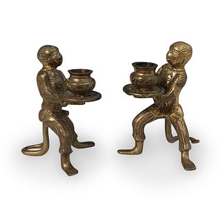 Antique Bronze Monkey Candlestick Holders