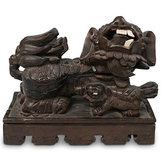 Antique Oriental Carved Wood Female Foo Dog