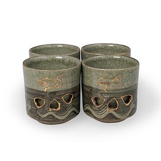 (4 Pc) Japanese Crackle Glaze Ceramic Cups