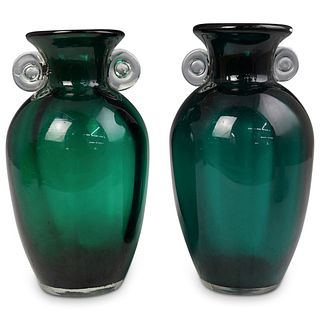 (2 Pc) Emerald Green Blown Glass Vases