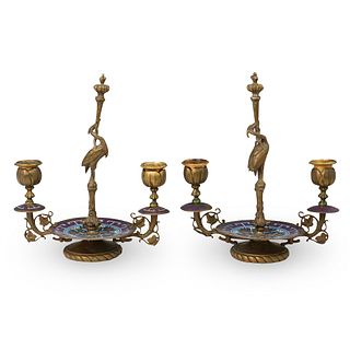 Chinoiserie Brass and Cloisonne Candle Holders