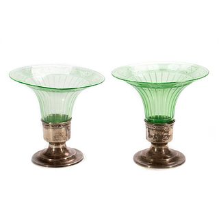 Pair Art Deco Glass and Silver Plate Vases