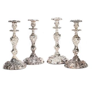 Four Rococo Silver Plate Candlesticks