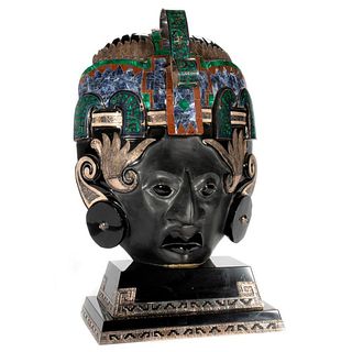 Malachite and Lapis Inlaid Stone Bust of Aztec God