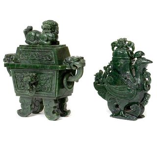 Two Carved Jade Covered Jars. 19th Century