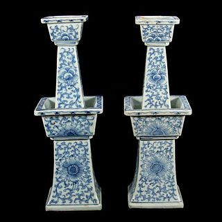 Pair Chinese of 19th century Blue & White Ceramic Candle sticks