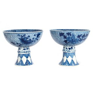 Asian Blue and White Porcelain Bowls on Fluted Stands