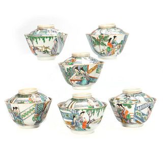 Six Chinese Porcelain Lidded Tea Bowls
