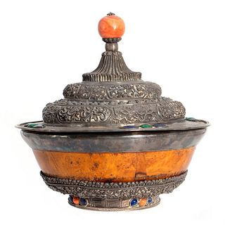 Tibetan Silver Mounted Burl Covered Bowl