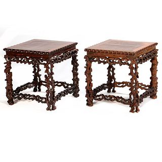 A Pair of Exotic Hardwood Chinese Carved Stools