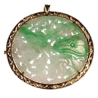 Jade, diamond and 14k gold pendant-brooch