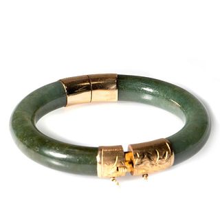 Jade and 14k gold hinged bangle bracelet