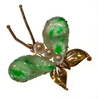 Jade, cultured pearl, ruby & 14k gold butterfly brooch