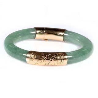 Jade and 14k gold hinged bangle bracelet