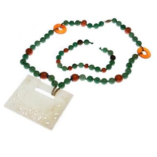 Jade, coral, chrysoprase, carnelian & 14k gold necklace