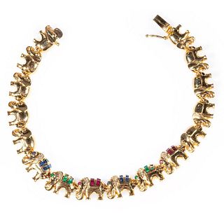 Diamond, gem-set and 18k gold elephant bracelet
