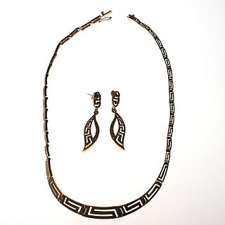 14k gold Greek key design necklace & earring set