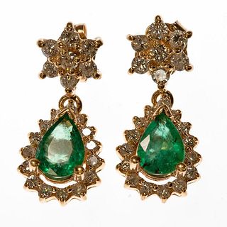 Pair of emerald, diamond, 14k gold earrings