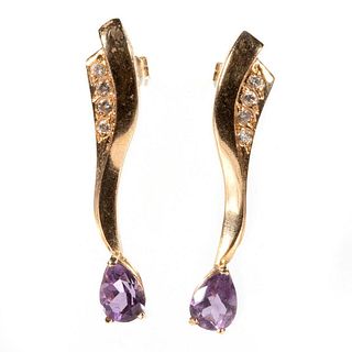 Pair of amethyst, diamond, 14k gold earrings