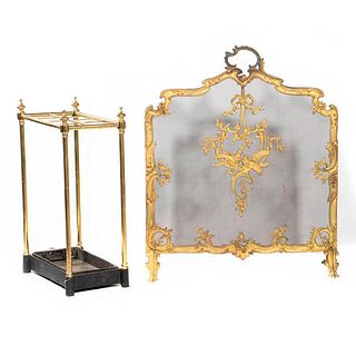 Rococo Style Brass Firescreen and Classical Stick/Umbrella Stand