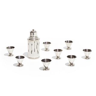 Danish, Art Deco cocktail shaker and eight cups