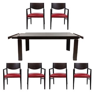 Comedor. Siglo XX. Elaborado en madera. Consta de: a) Mesa. Cubierta rectangular, fustes y soportes lisos. 75 x 90 x 180 cm (mesa)
